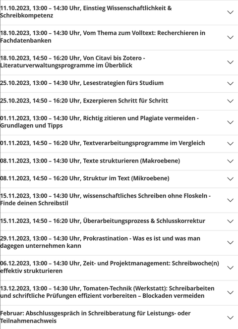 Ein Screenshot mit den Terminen und Titeln des Programmes der Studium Generale Workshopreihe im Wintersemester 2023/2024.