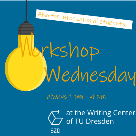 The graphic shows a hanging light bulb whose filament is a "W" as the first letter of the lettering "Workshop-Wednesday always 13.00-16.00 at the Writing Center of the TU Dresden".