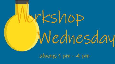 The graphic shows a hanging light bulb whose filament is a "W" as the first letter of the lettering "Workshop-Wednesday always 13.00-16.00 at the Writing Center of the TU Dresden".