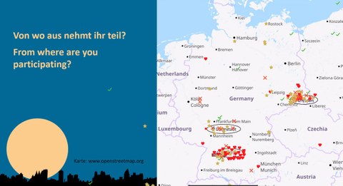 Ein Screenshot einer Präsentationsfolie. Links: Frage "Von wo aus nehmt ihr teil?" Rechts: Deutschlandkarte mit angrenzenden Ländern. Viele Stempel auf Dresden und Stuttgart, einige in Darmstadt und einzelne auf anderen deutschen Städte und im Ausland.