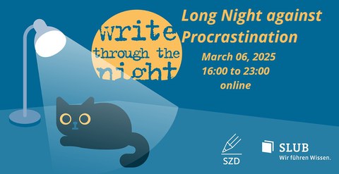 Graphic: A cat sits under a table lamp, behind it a moon with the inscription "Write through the Night". Text above and next to it: " Lange Nacht des Schreibens" , March 06, 2025, 16:00 to 23:00.