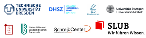 Die Logos der kooperierenden Einrichtungen zur LNDS 2024: TUD, DHSZ, SZD, Universitätsbibliothek Stuttgart, Schreibwerkstatt, ULD, SchreibCenter, SLUB