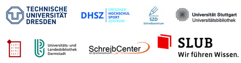 The logos of the cooperating institutions for LNDS 2024: TUD, DHSZ, SZD, Stuttgart University Library, Schreibwerkstatt, ULD, SchreibCenter, SLUB