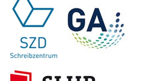 Collage der Logos vom Netzwerk Schreiben. Logos: Schreibzentrum (SZD), Graduiertenakademie (GA) und Sächsische Landes- und Universitätsbibliothek (SLUB).