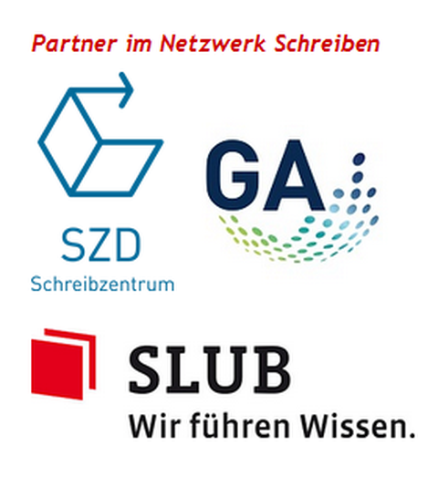 Collage der Logos vom Netzwerk Schreiben. Logos: Schreibzentrum (SZD), Graduiertenakademie (GA) und Sächsische Landes- und Universitätsbibliothek (SLUB).