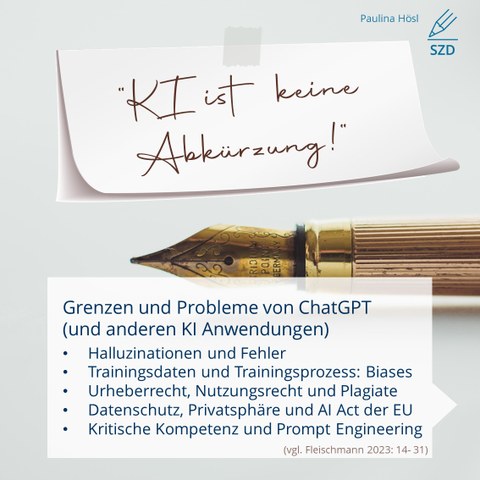 Header: "Paulina Hösl, Schreibzentrum der TU Dresden", below a photo of a gold-colored fountain pen, with a note on it: "KI is not an abbreviation." Below it, info box: "Limits and problems of ChatGPT (and other AI applications): Hallucination and errors; Training data and training processes: Biases; copyright, right of use, plagiarism; data protection, privacy and the EU's AI Act; critical competence and prompt engineering (cf. Fleischmann 2023: 14-31).