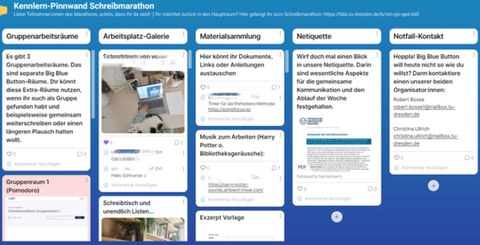 Der Screenshot zeigt einen Ausschnitt der Kennenlern-Pinnwand des Schreibmarathons im März 2022. Darauf werden vorgestellt: Gruppenarbeitsräume, Materialsammlung, Netiquette, Notfall-Kontakte und Fotos der Arbeitsplätze der Teilnehmenden im Home Office.