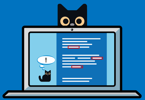 Illustration of a laptop behind which the head of a cat appears.