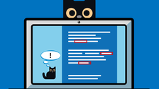 Illustration of a laptop behind which the head of a cat appears.
