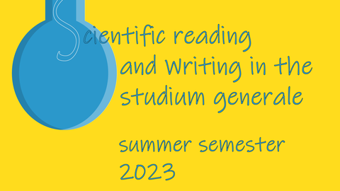 Basics of scientific reading and writing in the studium generale, summer semester 2023. Blue lightbulb on yellow ground. 