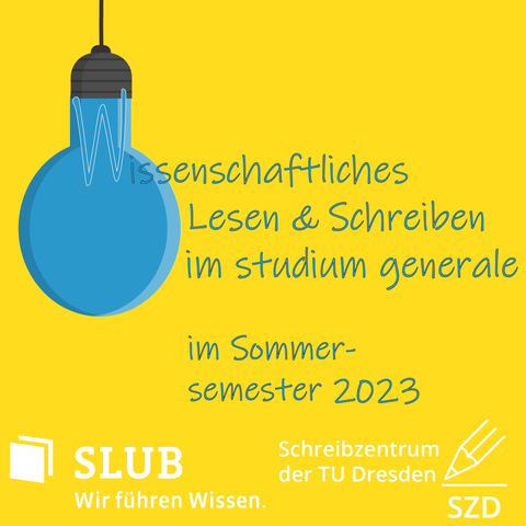 Wissenschaftliches Lesen und Schreiben im studium generale im Sommersemester 2023. Blaue Glühbirne auf gelbem Grund.