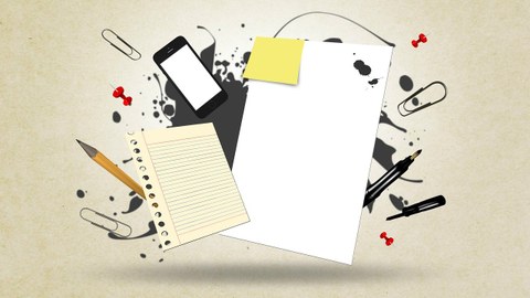 The collage shows a blank sheet of paper in the middle with a blank note stuck to it. Clockwise around it: smartphone, paper clips, pins, fountain pen, pencil, lined paper. Behind it: a black blob.