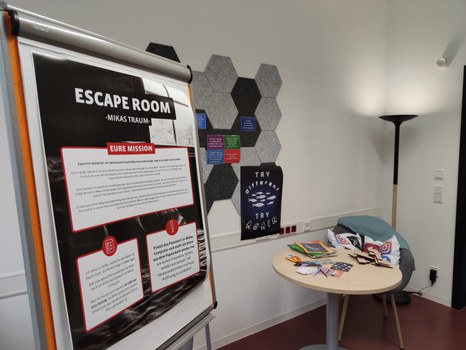Part of a room, in the foreground: “Escape Room - Mika's Dream” poster with “Your Mission” information boxes and clues that cannot be read. Behind it: postcards on a pinboard, a table with newspapers, pens and puzzles, an armchair with cushions.