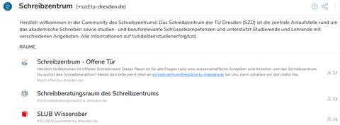 Auf einem Screenshot sind die Räume der Schreibzentrumscommunity in der TU-Matrix gelistet: 