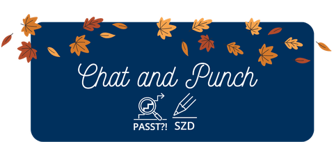 Lettering "Chat and punch" on blue background with autumn leaves.