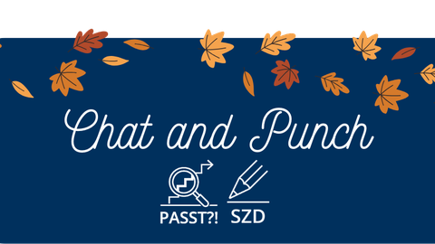 Lettering "Chat and punch" on blue background with autumn leaves.