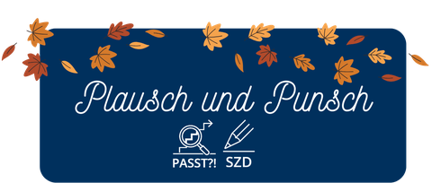 Schriftzug Plausch und Punsch auf blauen Hintergrund mit Herbstlaub