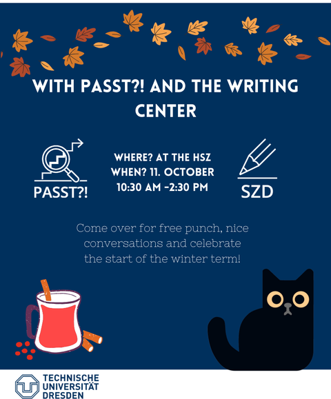 Poster with invitation to the SZD and PASST?! punch campaign, blue background, autumn leaves on top, a cup of tea on the bottom left, SZD's black cat on the bottom right.
