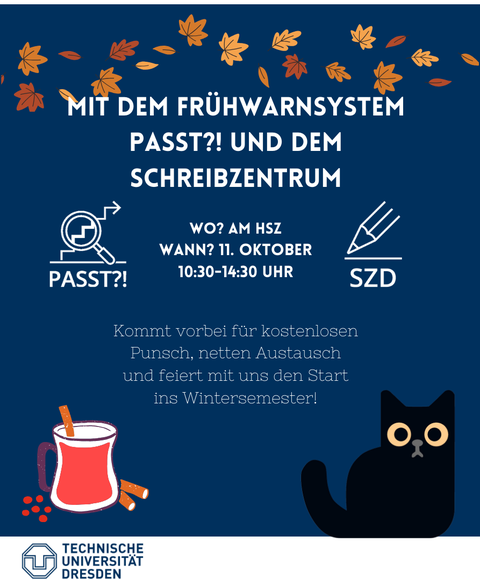 Plakat mit Einladung zur Punschaktion von SZD und PASST?!, blauer Hintergrund, oben Herbstlaub, links unten eine Tasse Tee, rechts unten die schawarze SZD-Katze