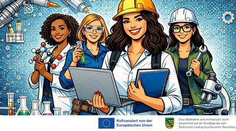 KI generiertes Bild: Comic von 4 Frauen, die mit Helm und Werkzeugen ausgestattet sind