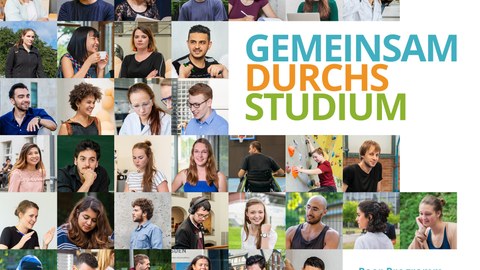 Motiv des Peer Programms, auf dem viele verschiedene Gesichter von Studierenden der TU Dresden zu einem Mosaik zusammengesetzt sind, auf der rechten Seite Schriftzug "Gemeinsam durchs Studium"
