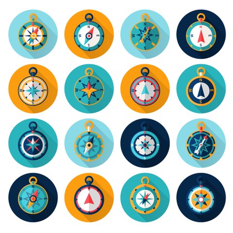 16 Abbildungen von stilisierten Kompassen, angeordnet in Vierergruppen