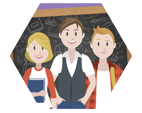 Zeichnung von drei Studierenden, die nebeneinander stehen