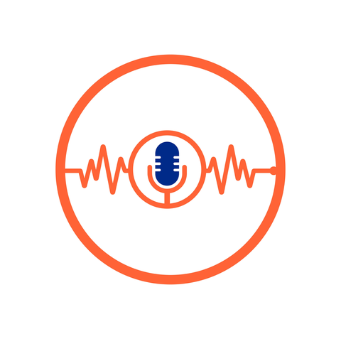 Microphone in a circle with a jagged line in background