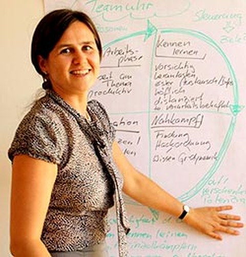 The photo shows a woman standing before a whiteboard with writing on it.