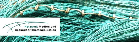 The photo shows a fishing net. On it, in a white box, is the inscription: "Network Media and Health Communication".