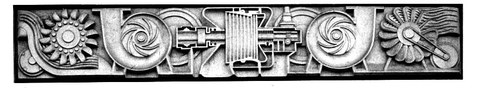 A portion of the ‘Thermodynamic Mechanics’ (Max Lachnit, 1956) frieze of the Merkel-Bau