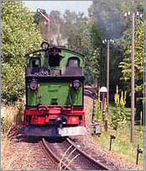 The photo shows an old green steam engine.