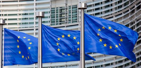 The photo shows three European flags in front of a building.