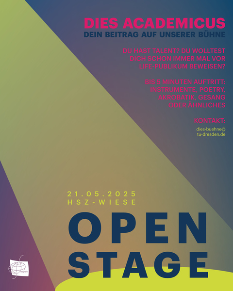 Grafik aus farbigen Flächen und Text. Abstrakte Darstellung eines Bühnenscheinwerfers, der den Schriftzug "Open Stage" beleuchtet.