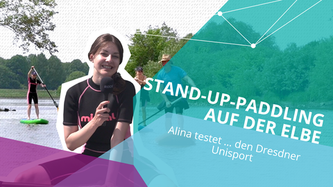 Studentin Alina sitzt auf einem Stand-Up-Paddleboard auf der Elbe in Dresden.