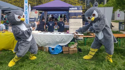 Zwei Menschen in Eulenkostümen vor einem Stand von Nightline