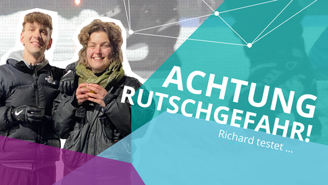 Foto-Grafik-Collage: Eislauf-Fotos mit Richard und Antje, davor halbtransparente Farbflächen in grün, türkis und lila sowie der weiße Schriftzug "Achtung Rutschgefahr! Richard testet..."