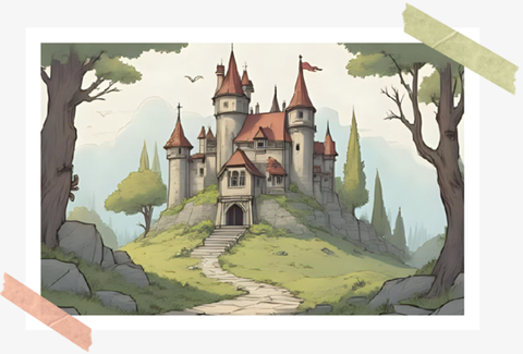 Das Bild zeigt eine Szene aus einem Trickfilm - ein Schloss.