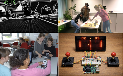 Das Bild zeigt 4 Bilder in einem mit unterschiedlichen Bildern Schülerinnen , die an Computer oder kleinen Robotern arbeiten.