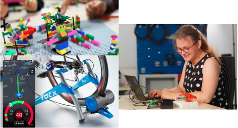 Das Bild zeigt drei kleine Bilder, ein Legomodell, einen Fahrradantrieb und eine Frau die am Computer arbeitet.