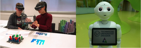 Das Bild zeigt zwei Fotos auf dem linken schauen zwei Schülerinnen mit VR-Brillen auf einen durchsichtigen Touchscreen und auf dem linken ist ein humanoider Roboter zu sehen.