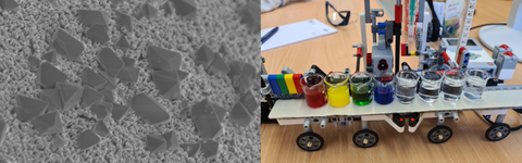 Das Bild besteht aus 2 Bildern und zeigt links eine graue kristaline Oberfläche und rechts eine Appartur aus Lego auf der verschiedenfarbig gefüllte kleine Bechergläser stehn. 