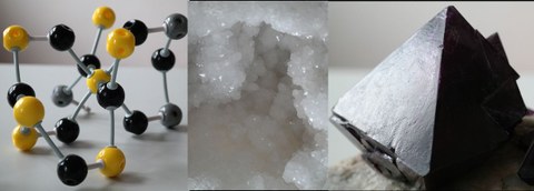 Das Bild zeigt 3 Fotos, auf dem einen ist ein Modell für Kristalle aus gelben und schwarzen Kugeln, auf dem zweiten ist eine kristalline Struktur und auf dem dritten ein regelmäßiger pyramidenförmiger schwarzer Kristall.ein 