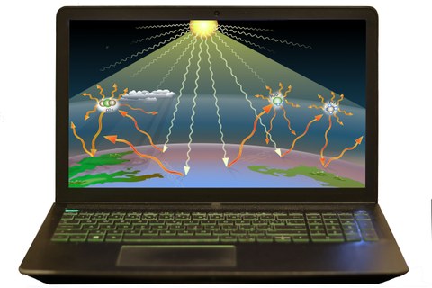 Das Foto zeigt einen Laptop auf dem schematische Darstellung des Treibhauseffektes. Es zeigt eine Sonne, die Strahlen als Wellen zur Erde schickt, diese werden von der Erdoberfläche und Teilchen in der luft (CO2, H2O und CH4) zurück gestrahlt.