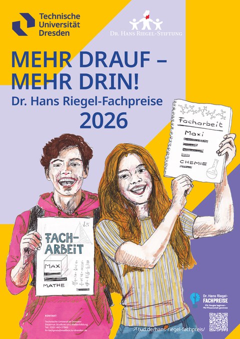 Plakat zur Werbung für den Wettbewerb, Zeichnung zweier Jugendlicher, die ihre schulischen Facharbeiten zeigen und dabei lächeln