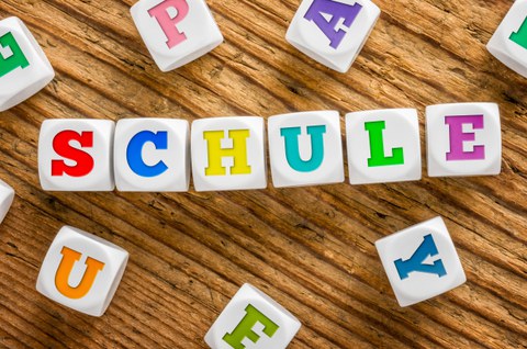 Foto mit bunten Buchstabenwürfeln. Die Würfel in der Mitte des Bildes sind aneinander gereiht und ergeben das Wort "Schule".