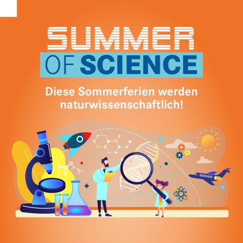 Titelbild des Summer of Science mit Lupe, Mikroskop und Büchern, cartoonhaft.