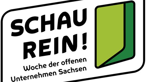Logo. Auf der linken Seite ist "SCHAU REIN!" zu lesen, darunter "Woche der offenen Unternehmen Sachsen". Rechts ist ein zweifarbiges Symbol. Text und Symbol sind mit einer schwarzen Linie umrandet, wodurch sich ein Rechteck mit abgerundeten Ecken ergibt.