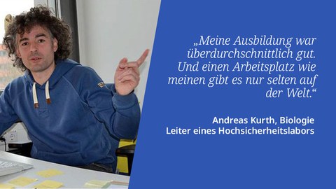 Foto von einem Mann im blauen Pulli, mit wuscheligen Haaren, links eine Shape in Blau und ein Zitat, dass er ein tolles Studium hatte und einen einzigartigen Job hat.