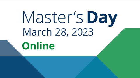 Graphik mit blauer Schrift Mastertag am 28. März 2023 online und farbige Achtecke